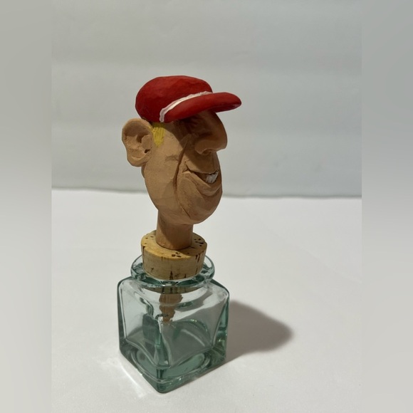 Vintage Craved Wood Bottle Cork Topper Signed 1998 Mini Square Glass Baseball Ca - Picture 2 of 10